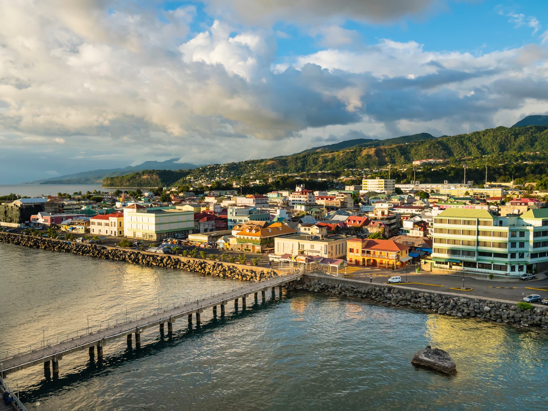 Roseau harbour and Dominica's colourful waterfront at golden hour